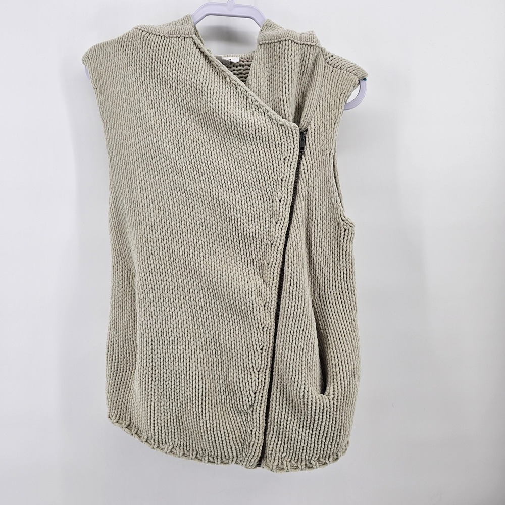 Helmut Lang Vest Womens P Beige Asymmetrical Zip Hooded Chunky Knit SW-SW0444
